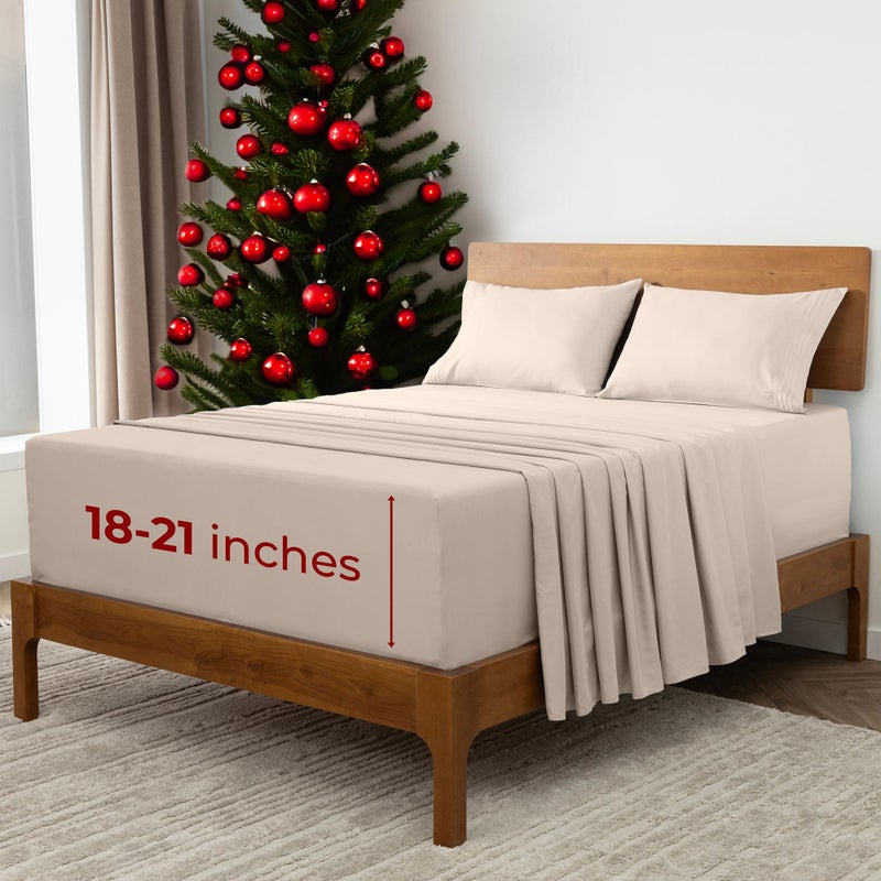 Mellanni Extra Deep King Sheets - 4 PC Iconic Collection Bedding - Hotel Luxury, Ultra Soft, Cooling Bed Sheets - Wrinkle, Fade, Stain Resistant (King, Beige) - Image 1